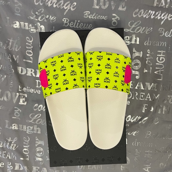 MCM Other - Authentic MCM Neon Logo Leather and Rubber Slides/Sandals